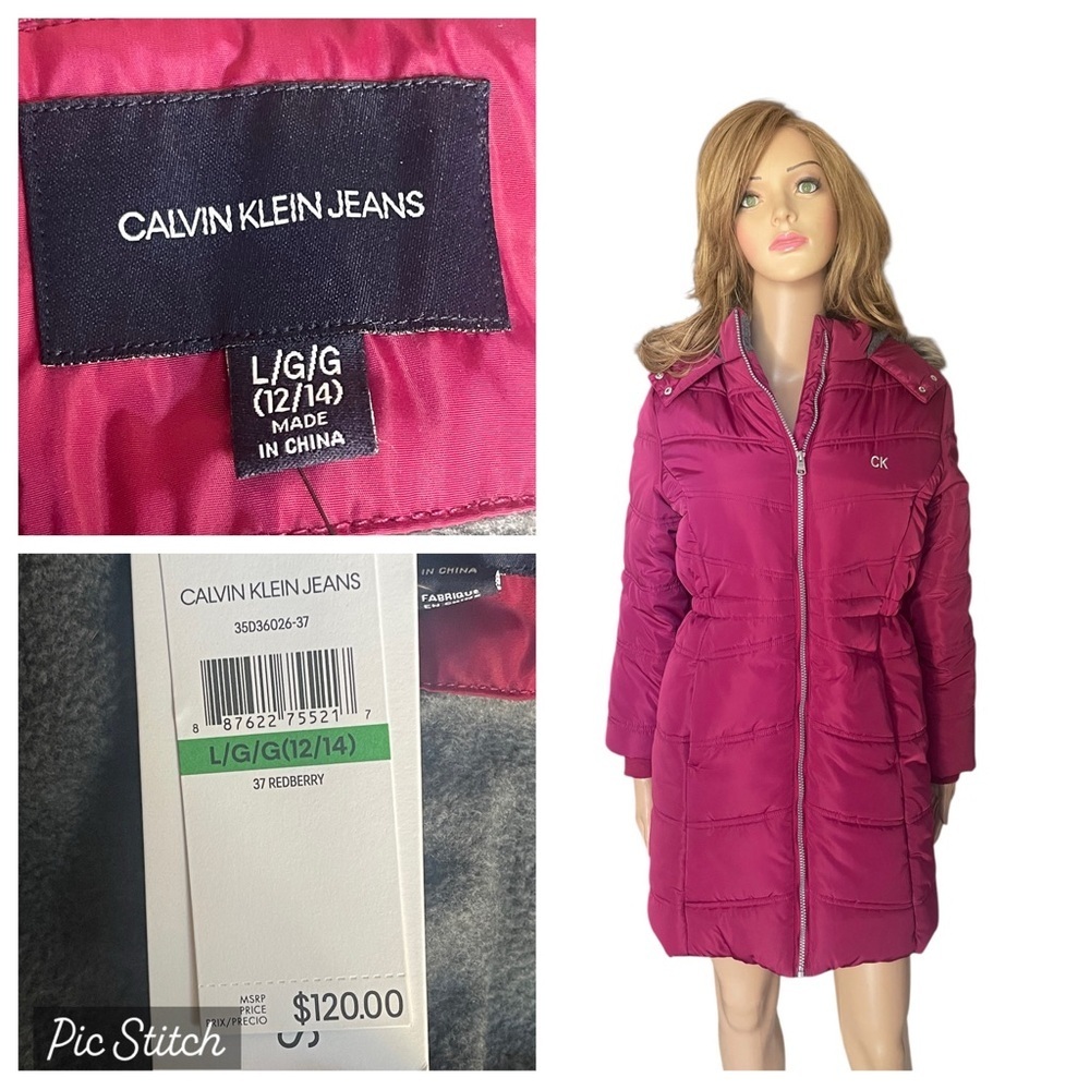 Calvin Klein Girls' Fuchsia Puffer Coat with Faux Fur Trim size L/12-14